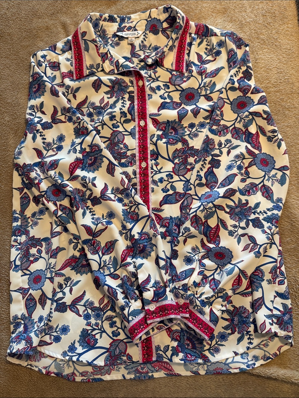 Sanctuary Cream Floral Button-Down Blouse with Blue & Red Print